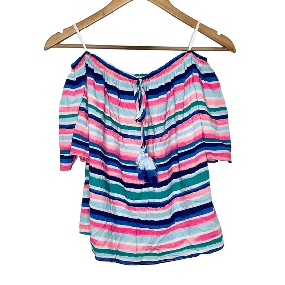 Lilly Pulitzer Tops - Lilly Pulitzer Satin Off The Shoulder Blouse Top Sandy Shell Stripe Womens Small